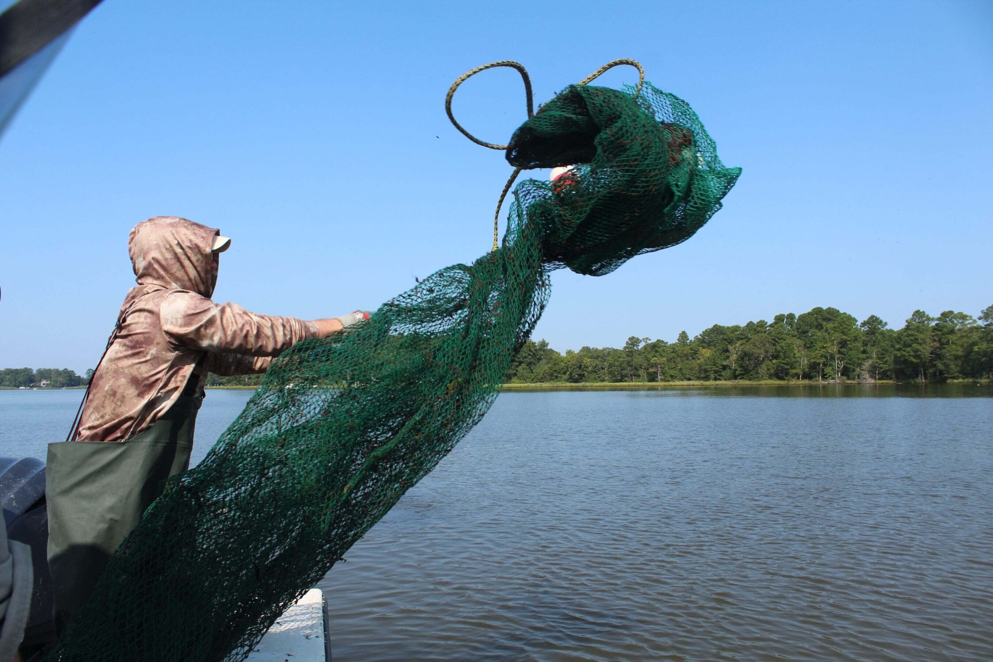 A person holding onto a fishing net on the side of a lake.