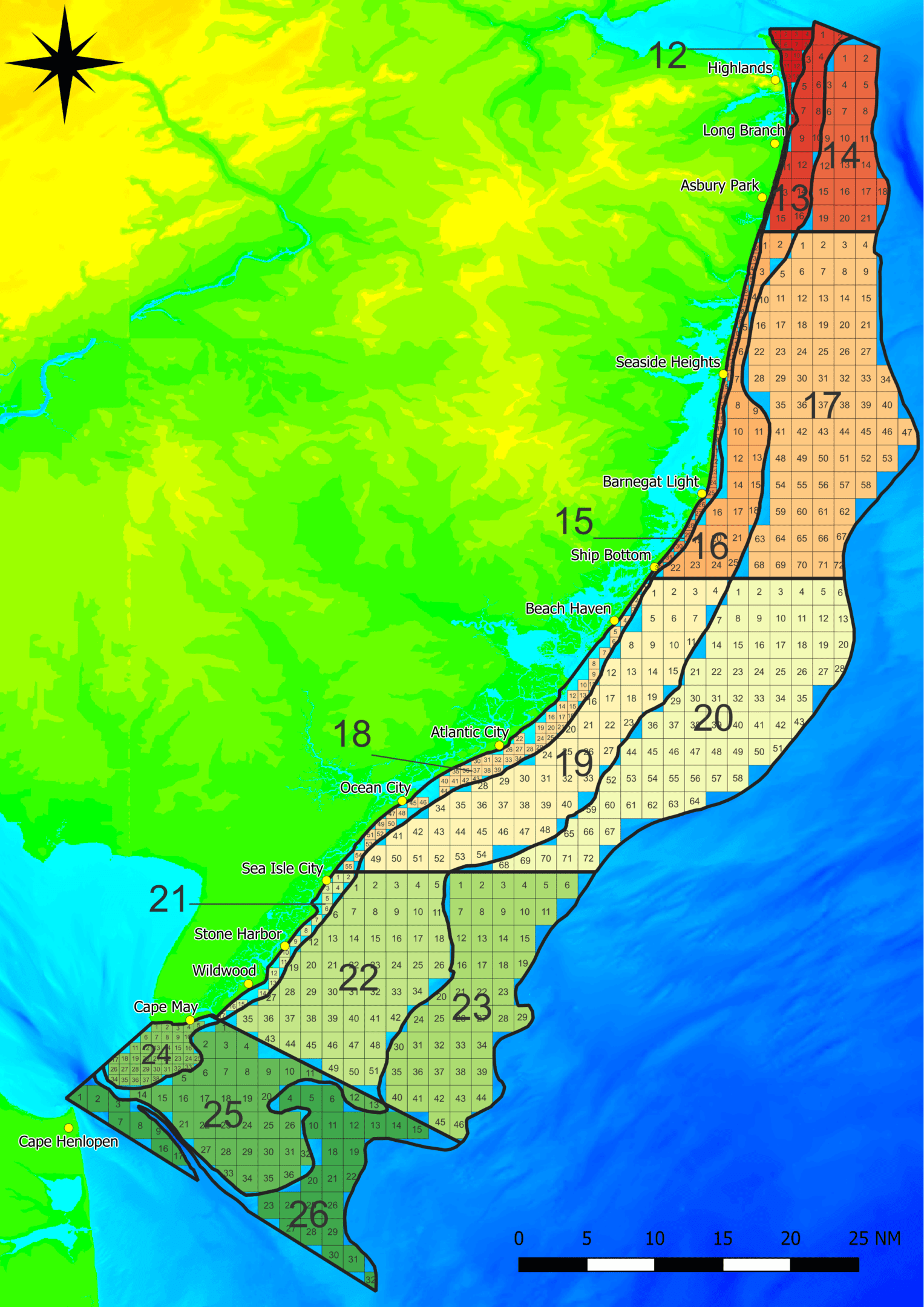 A map of the ocean with numbers on it.